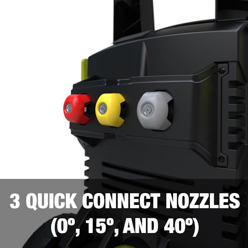 3 quick connect nozzles: 0-degree nozzle, 15-degree nozzle, and a 40-degree nozzle.
