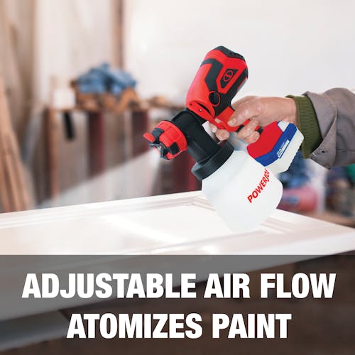 Adjustable air flow atomizes paint.