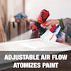 Adjustable air flow atomizes paint.