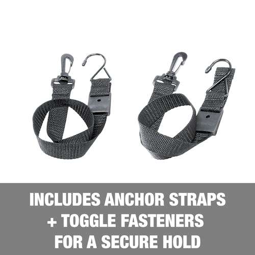 Includes anchor straps and toggle fasteners for a secure hold.