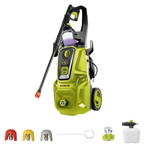 Sun Joe 13-amp 2100 PSI Electric Pressure Washer with foam cannon, hose adapter, quick connect tips, and needle clean out tool.