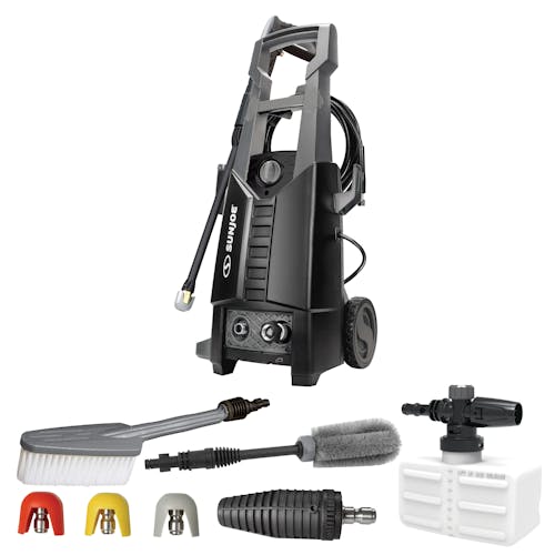 Sun Joe 13-amp 2100 PSI Black Electric Pressure Washer with foam cannon, utility brush, rim and wheel brush, turbo nozzle, 3 quick-connect tips, and extension wand.