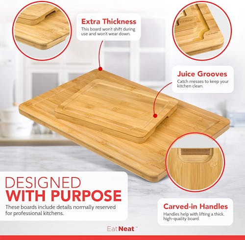 Infographic for the EatNeat Set of 2 Authentic Bamboo Cutting Boards showing its features: extra thickness, juice grooves, and carved-in handles.