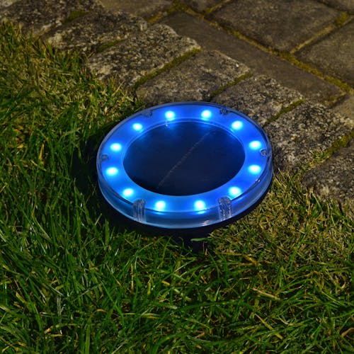 Plastic Disc Pathway Light staked in the ground with the blue light.