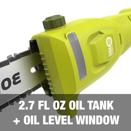 2.7 fluid ounce oil tank with an oil level window.