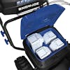 Close-up of the battery compartment for the Snow Joe 96-volt cordless 24-inch snow blower with four 12.0-Ah lithium-ion batteries inside.