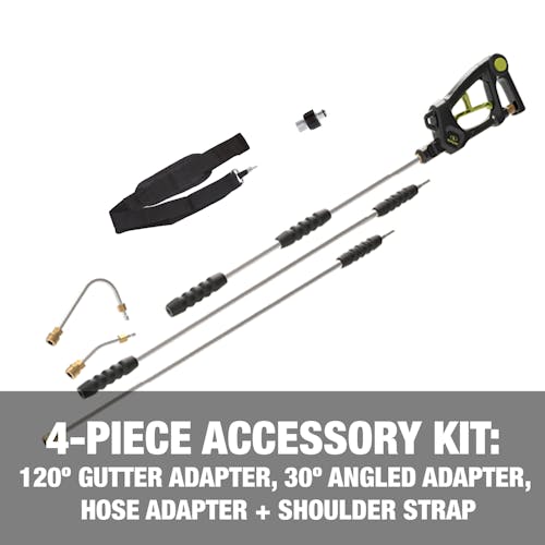 4-piece accessory kit: 120-degree cutter adapter, 30-degree angled adapter, hose adapter, and shoulder strap.