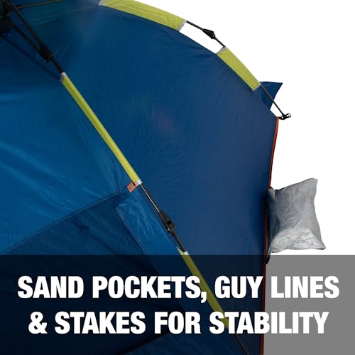 Sand pockets, guy lines, and stakes for stability.