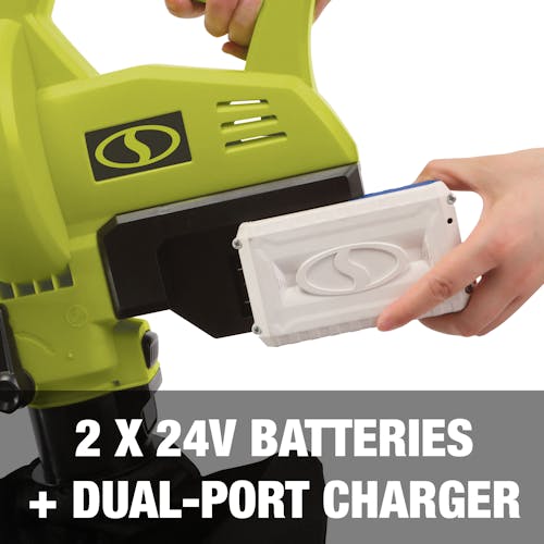 Two 24-volt lithium-ion batteries and dual-port charger.
