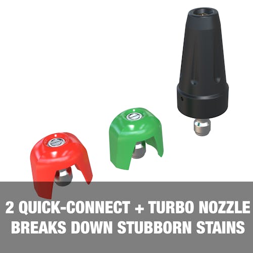 2 quick connect tips and turbo nozzle breaks down stubborn stains.