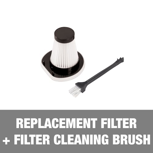 Replacement filter and filter cleaning brush.