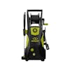 Sun Joe 13-amp 2250 PSI Brushless Induction Electric Pressure Washer with spray wand, hose, hose adapter, quick connect tips, and needle clean out tool.